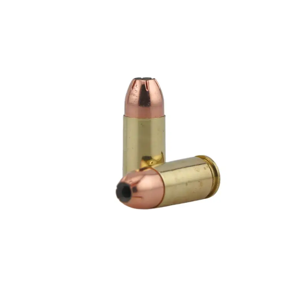 Two brass ammunition cartridges with copper-colored tips on a white background, one standing upright and one laying on its side