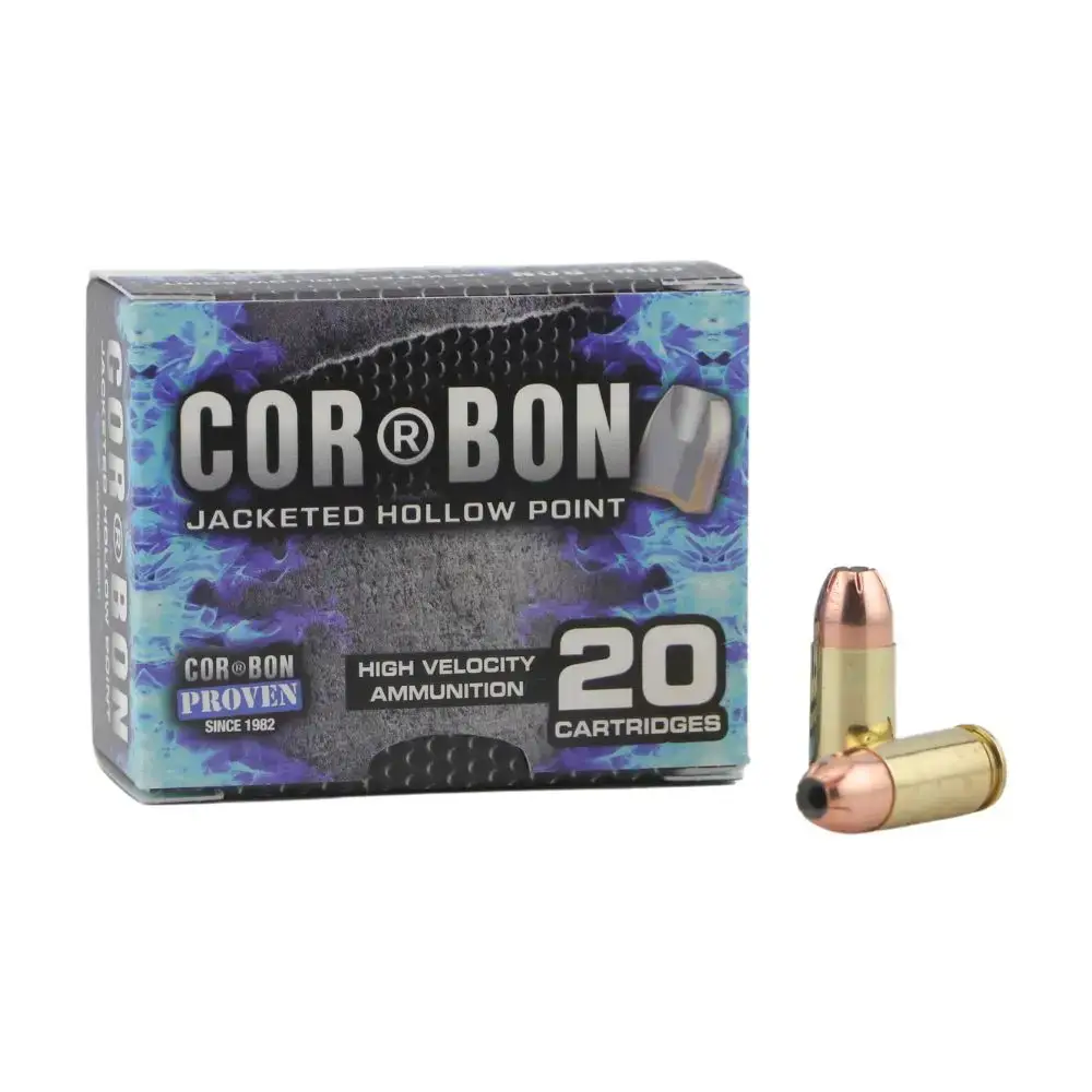 COR-BON high-velocity ammunition box with two copper-tipped cartridges beside it (20 rounds)
