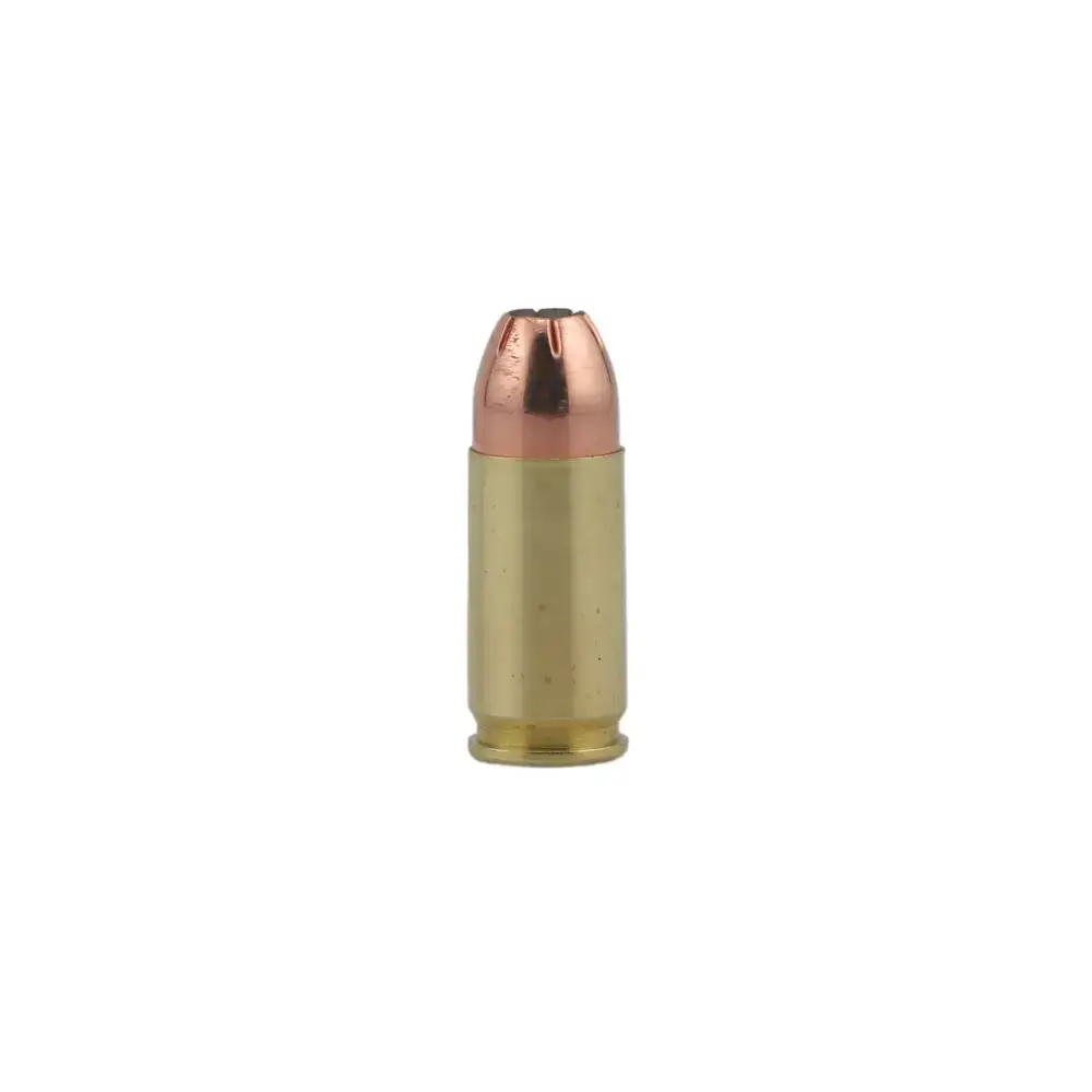 Single brass cartridge with a copper bullet standing upright