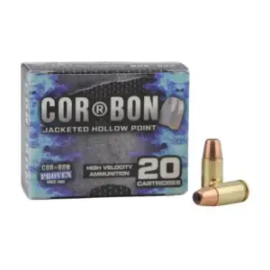 Box of Corbon jacketed hollow point high-velocity ammunition, 20 cartridges, with two bullets beside it.
