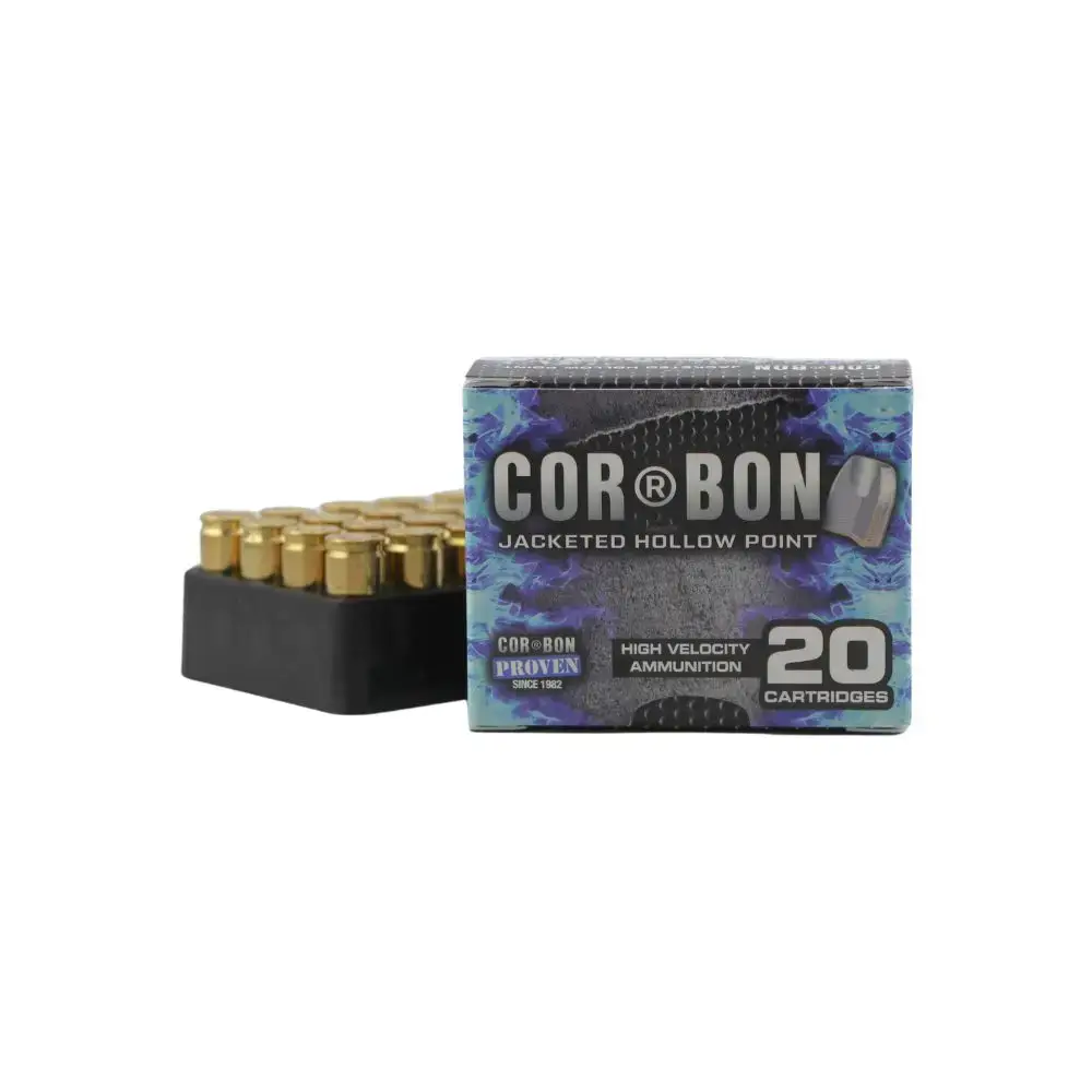 Box of Cor-Bon jacketed hollow point, high-velocity ammunition, 20 cartridges with brass casings shown beside the box