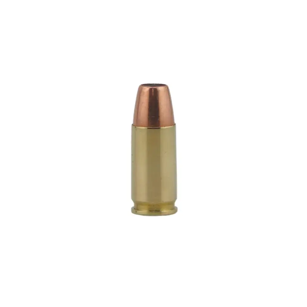 A single brass rifle cartridge with a copper bullet, standing upright from a white background