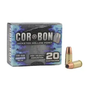 Box of Cor-Bon jacketed hollow point ammunition with two cartridges lying beside it, labeled '20 cartridges' on the box