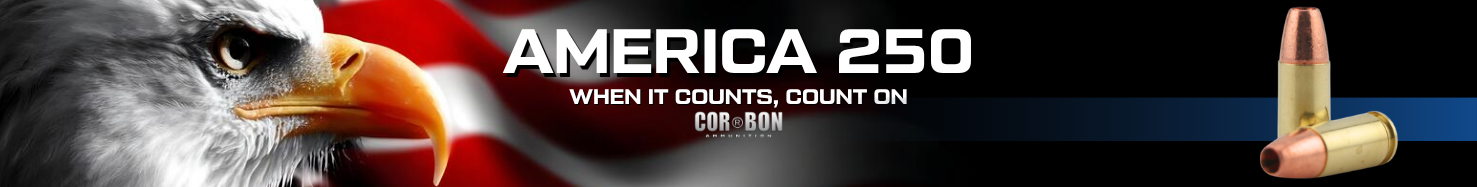 Hero banner featuring a close-up eagle and the American flag with bold text 'AMERICA 250' and 'When it counts, count on CORBON' beside a row of bullets on the right.