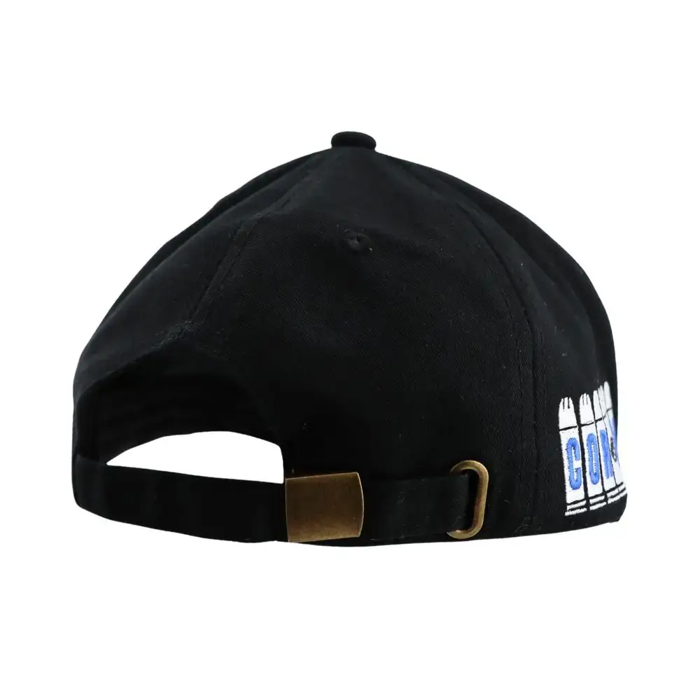 Back view of a black baseball cap with an adjustable strap and brass buckle; blue and white logo on the side.
