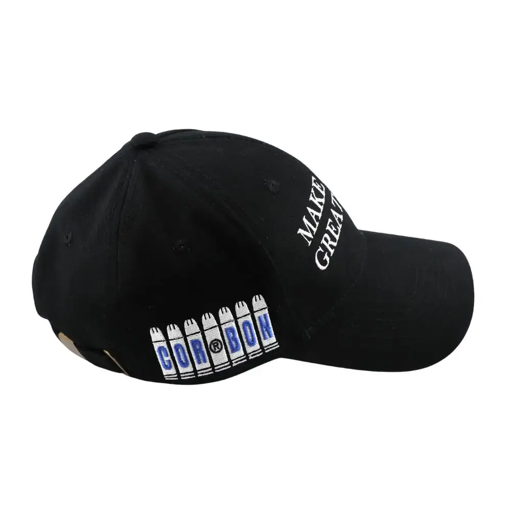 Black baseball cap with white embroidered text 'MAKING IT GREAT', and a row of blue-and-white bullet-like icons along the side.