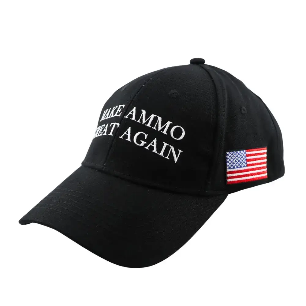 Black baseball cap with white embroidered text 'LIKE AMMO BEAT AGAIN' and a small American flag patch on the side