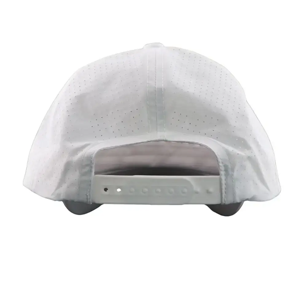 Back view of a white perforated baseball cap with an adjustable plastic strap and snap closure edge visible at the rear.