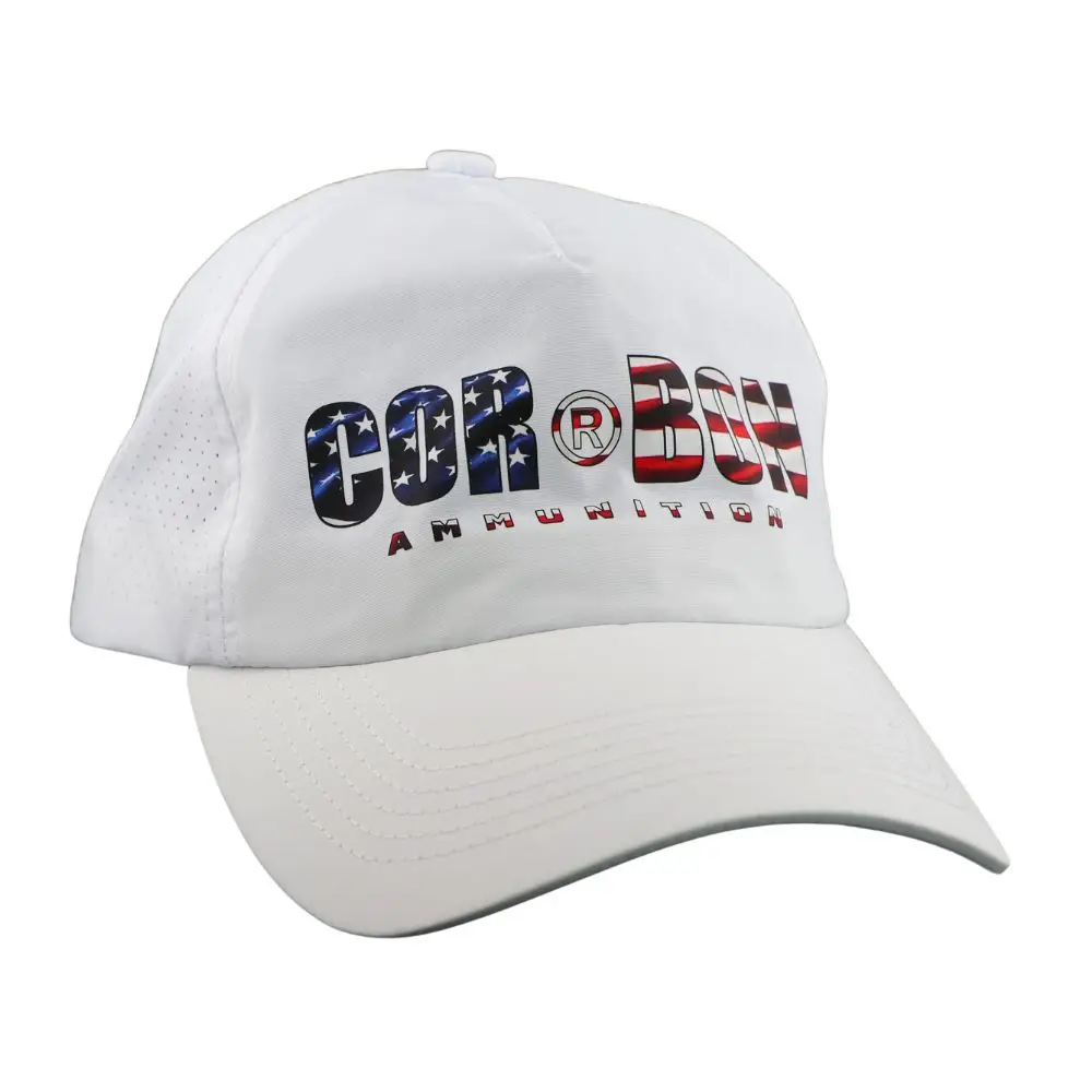 White baseball cap with a 'CORBON AMMUNITION' logo in stars-and-stripes lettering on the front.