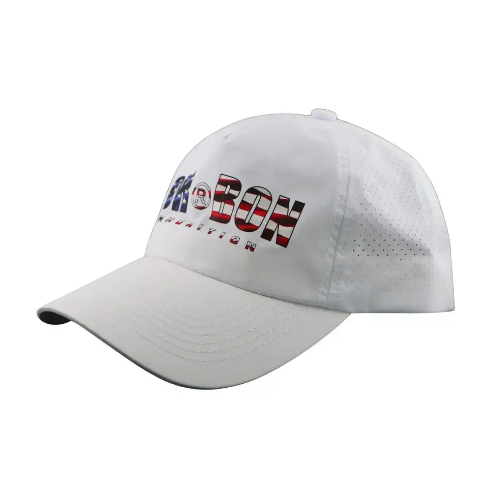 White baseball cap with perforated side panels and a bold red‑white‑blue 'IRON' logo on the front.