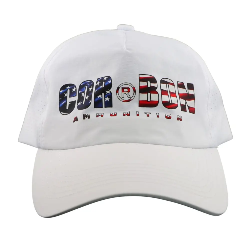 White baseball cap with 'CORBON AMMUNITION' logo in American flag colors on the front panel.