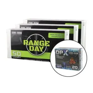 Three boxes of Range Day ammunition with a circular inset showing a DPX 20-cartridge box (deep-penetrating).