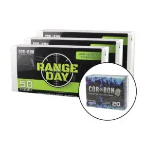Range Day high-velocity ammunition boxes, 50-count, in black and lime green with COR-BON branding; inset shows a 20-cartridge box.