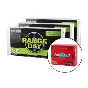 A stack of Range Day 50-count ammunition boxes with a red Pow’R Ball cartridge box inset highlight.