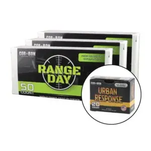 CORBON ammunition boxes: a large Range Day 50-count package with a circular inset showing Urban Response 20-count box.